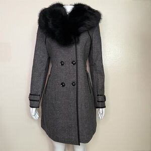 Gray double breasted pea coat with black removable faux fur faux leather trims